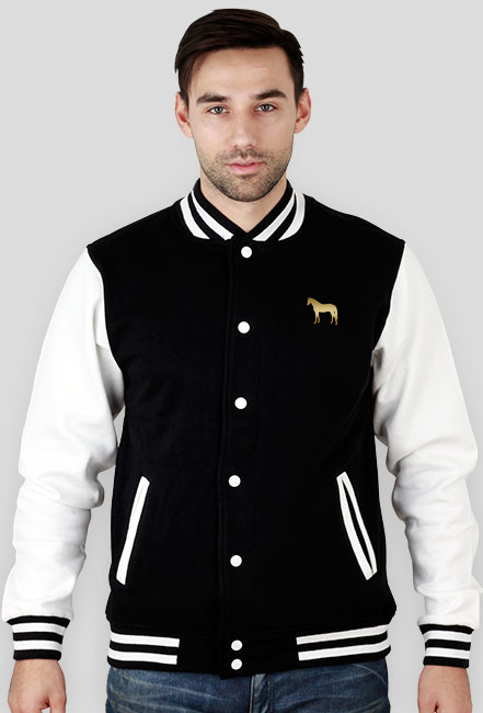 BLUZA VARSITY JACKET MĘSKA  NADRUK Z 2 STRON- Emblem with a Golden Oldenburger Stallion Horse and a Lotus ©DH