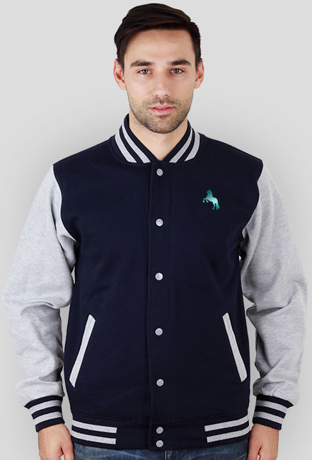 BLUZA VARSITY JACKET MĘSKA NADRUK Z 2 STRON Z TURKUSOWYM KONIEM - Emblem with a Friesian Horse and a Lotus ©DH