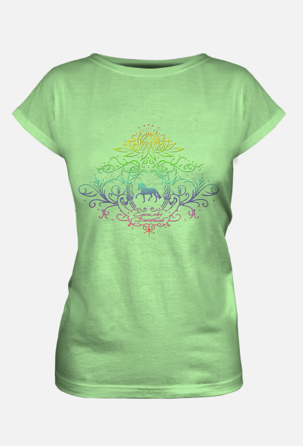 T-SHIRT DAMSKI FULLPRINT KIWI TĘCZOWY WZÓR Z KONIEM - Emblem with a Dressage Horse and a Lotus ©DH