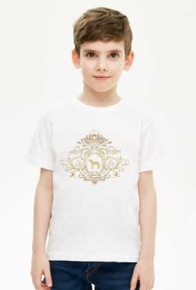 T-SHIRT DZIECIĘCY, KOLORY, Z KONIEM - Emblem with a Oldenburger Stallion Horse and a Lotus ©DH