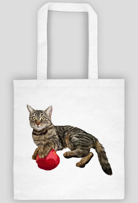 kot z jabłkiem na torbie