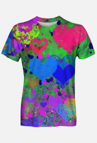 "Koszulka Sercowa Miłość: Pokaż swoje uczucia z tą kolorową koszulka z artystycznym nadrukiem serc. Idealna na Walentynki dla ukochanej osoby lub jako prezent dla miłośnika kolorowych i artystycznych motywów.