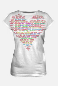 Koszulka -serce wypełnione tekstem w różnych językach i kolorach „bądź moją walentynką”