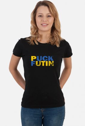 Koszulka -Napis puck futin w żółto niebieskich barwach