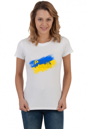 Koszulka Damska -Napis puck futin z flagą Ukrainy  w żółto niebieskich barwach