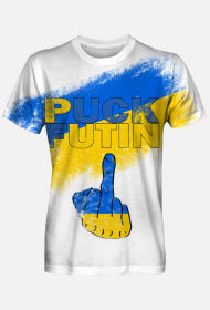 Koszulka -Napis puck futin z flagą Ukrainy  oraz wymownym palcem w żółto niebieskich barwach