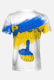 Koszulka -Napis puck futin z flagą Ukrainy  oraz wymownym palcem w żółto niebieskich barwach
