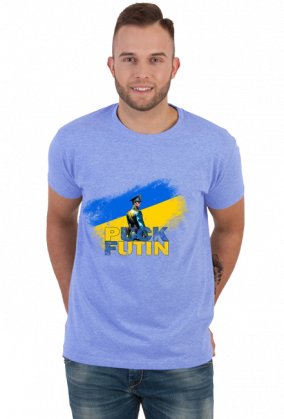 Koszulka -Napis puck futin z flagą Ukrainy i żołnierzem  w żółto niebieskich barwach