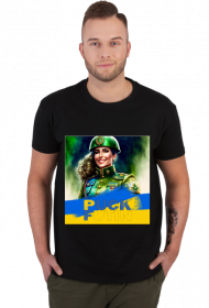 Koszulka -Napis puck futin z flagą Ukrainy i żołnierzem kobietą