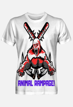 Koszulka Animal Rampage, pełny nadruk, dwustronna, biała (fioletowe litery)