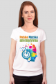 T-shirt damski zakończony ściągaczem biały "Polska Muzyka alternatywna" z przodu