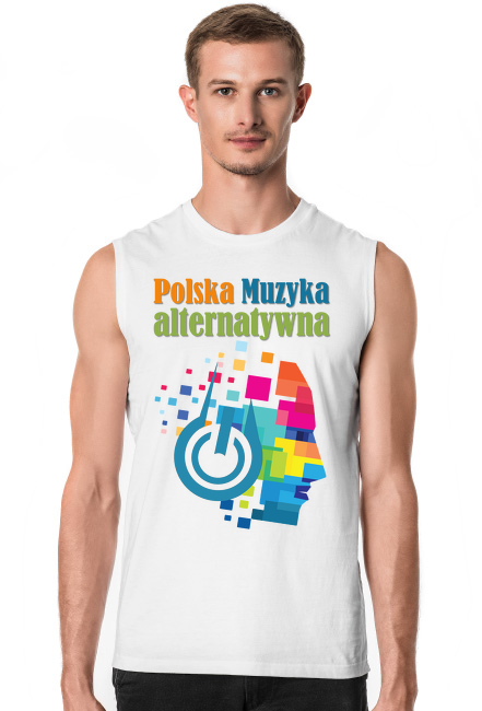 Koszulka męska bez rękawków biała "Polska Muzyka alternatywna" z przodu