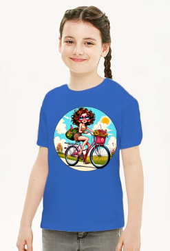 Koszulka Dziecięca Unisex z Epickim Nadrukiem "Stylowa dziewczyna na rowerze w stylu retro z koszem pełnym kwiatów" – idealna na każdą okazję
