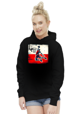 Dynamiczna grafika polskiego koszykarza wykonującego wsad na tle flagi Polski w stylu graffiti - Bluza Damska z Kapturem