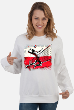 Polski siatkarz w dynamicznym skoku nad siatką na tle stylizowanej flagi Polski – pop-art grafika w intensywnych odcieniach czerwieni, czerni i bieli – Bluza Damska Klasyczna