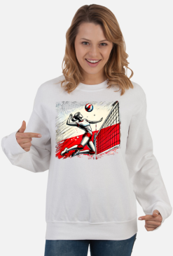 Bluza Damska Klasyczna "Polska siatkarka w akcji – energiczne uderzenie piłki na tle stylizowanej flagi Polski, pop-art vintage styl graffiti, czerwień, biel i czerń"