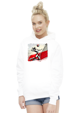 Bluza Damska z Kapturem "Polska siatkarka w akcji – energiczne uderzenie piłki na tle stylizowanej flagi Polski, pop-art vintage styl graffiti, czerwień, biel i czerń"