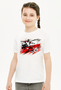 Koszulka dla dziewczynek z dynamiczną grafiką polskiego piłkarza w akcji na tle stylizowanej flagi Polski w stylu pop-art