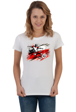 Koszulka damska z dynamiczną grafiką polskiego piłkarza w akcji na tle stylizowanej flagi Polski w stylu pop-art