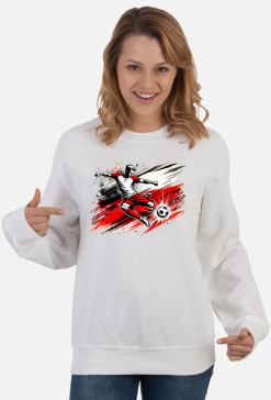 Bluza damska klasyczna z dynamiczną grafiką polskiego piłkarza w akcji na tle stylizowanej flagi Polski w stylu pop-art