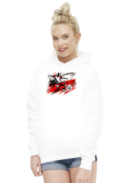 Bluza damska z kapturem z dynamiczną grafiką polskiego piłkarza w akcji na tle stylizowanej flagi Polski w stylu pop-art
