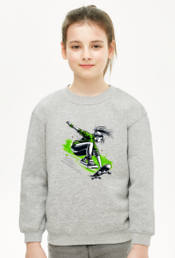 Bluza Dla Dziewczynek - Młoda skateboardzistka wykonująca skok z deskorolką - energetyczna ilustracja pełna stylu, pasji i adrenaliny w zielonej kolorystyce