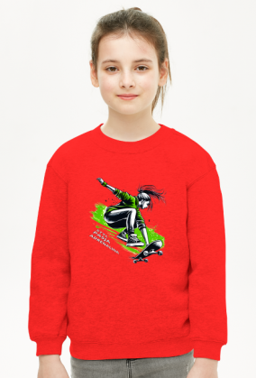 Bluza Dla Dziewczynek - Młoda skateboardzistka wykonująca skok z deskorolką - energetyczna ilustracja pełna stylu, pasji i adrenaliny w zielonej kolorystyce