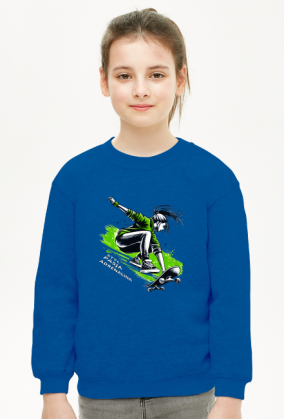 Bluza Dla Dziewczynek - Młoda skateboardzistka wykonująca skok z deskorolką - energetyczna ilustracja pełna stylu, pasji i adrenaliny w zielonej kolorystyce