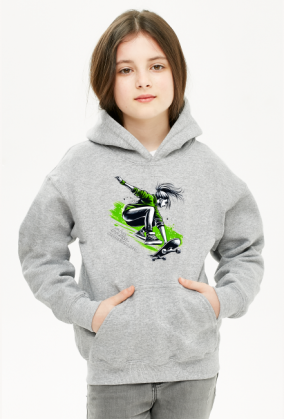 Bluza z Kapturem Dla Dziewczynek - Młoda skateboardzistka wykonująca skok z deskorolką - energetyczna ilustracja pełna stylu, pasji i adrenaliny w zielonej kolorystyce