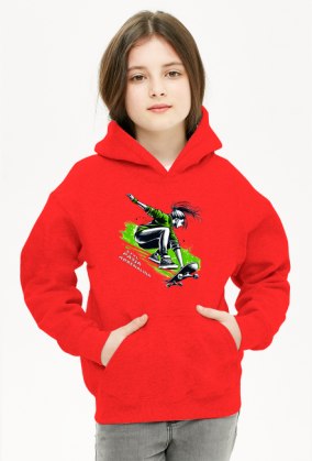 Bluza z Kapturem Dla Dziewczynek - Młoda skateboardzistka wykonująca skok z deskorolką - energetyczna ilustracja pełna stylu, pasji i adrenaliny w zielonej kolorystyce