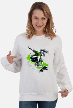 Bluza Damska Klasyczna - Młoda skateboardzistka wykonująca skok z deskorolką - energetyczna ilustracja pełna stylu, pasji i adrenaliny w zielonej kolorystyce