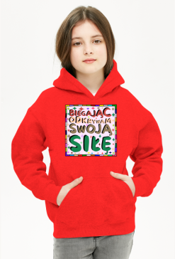 Bluza z Kapturem Dla Dziewczynek - Inspirujący cytat o odkrywaniu swojej siły poprzez bieganie - kolorowa grafika motywacyjna