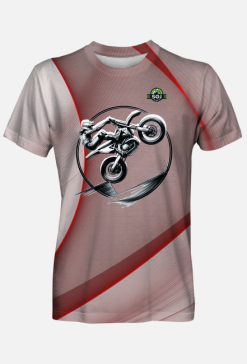 Koszulka Męska FullPrint - Dynamiczna grafika stunt motocross – ekstremalny popis motocyklisty w monochromatycznym stylu