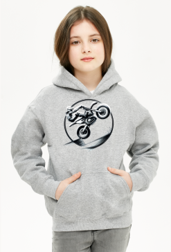 Bluza z Kapturem Dla Dziewczynki - Dynamiczna grafika stunt motocross – ekstremalny popis motocyklisty w monochromatycznym stylu