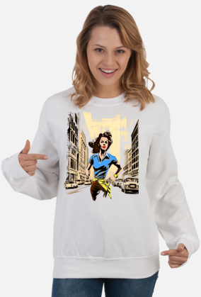 Bluza Damska Klasyczna - Bieg przez miasto w stylu retro: Energia i Determinacja w ulicznym chaosie