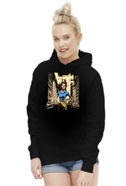 Bluza Damska z Kapturem - Bieg przez miasto w stylu retro: Energia i Determinacja w ulicznym chaosie