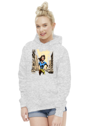 Bluza Damska z Kapturem - Bieg przez miasto w stylu retro: Energia i Determinacja w ulicznym chaosie