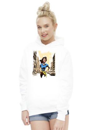 Bluza Damska z Kapturem - Bieg przez miasto w stylu retro: Energia i Determinacja w ulicznym chaosie