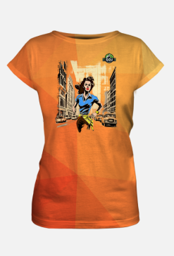 Koszulka Damska FullPrint - Bieg przez miasto w stylu retro: Energia i Determinacja w ulicznym chaosie