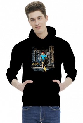 Bluza Męska z Kapturem z grafiką "Bieg przez miasto w stylu retro: Energia i Determinacja w ulicznym chaosie"
