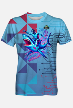 Koszulka Męska FullPrint "Surfing na Rekinie: Przygoda w Neonowych Falach"