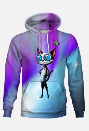 Bluza z Kapturem FullPrint - Galaktyczny Kot z Hipnotyzującymi Oczami i Symbolicznym Serduszkiem