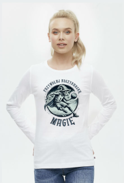 Damska Koszulka z Długim Rękawem - Przywołaj koszykarską magię - grafika z czarodziejem grającym w koszykówkę