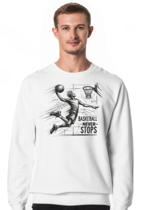 Bluza Męska Klasyczna - Dynamiczna grafika koszykarza w locie z hasłem 'Basketball Never Stops'