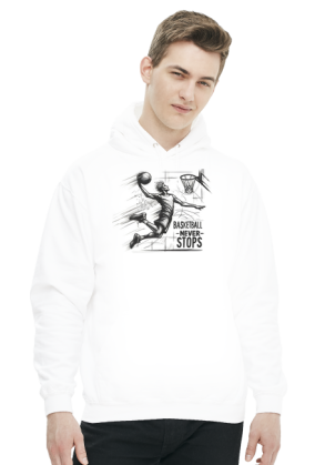 Bluza Męska z Kapturem - Dynamiczna grafika koszykarza w locie z hasłem 'Basketball Never Stops'