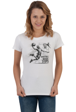 Koszulka Damska - Dynamiczna grafika koszykarza w locie z hasłem 'Basketball Never Stops'
