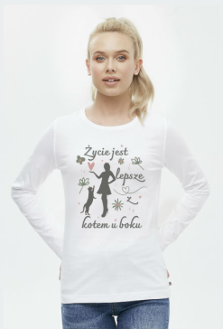 Damska Koszulka z Długim Rękawem z grafiką "Życie z kotem - inspirująca grafika z cytatem i miłością do zwierząt"