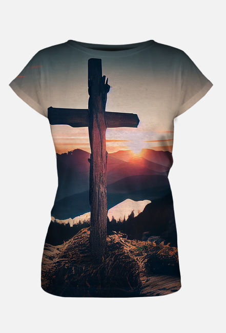 Krzyż, zachód słońca, góry - koszulka damska FullPrint