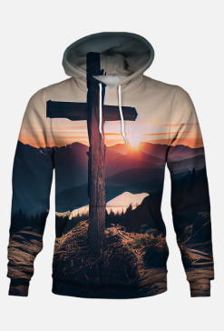 Krzyż, zachód słońca, góry - bluza z kapturem FullPrint
