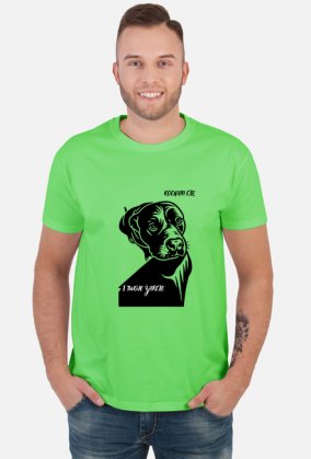 Koszulka z psem – „Kocham Cię. I Twoje żarcie.” | prezent dla psiarza. Zabawny nadruk z amstaffem.